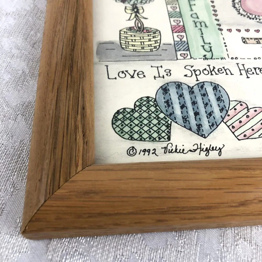 Vintage 1992 Mixed Media Love Framed Art Hand-Colored Signed 12½”x10” Wall Decor
